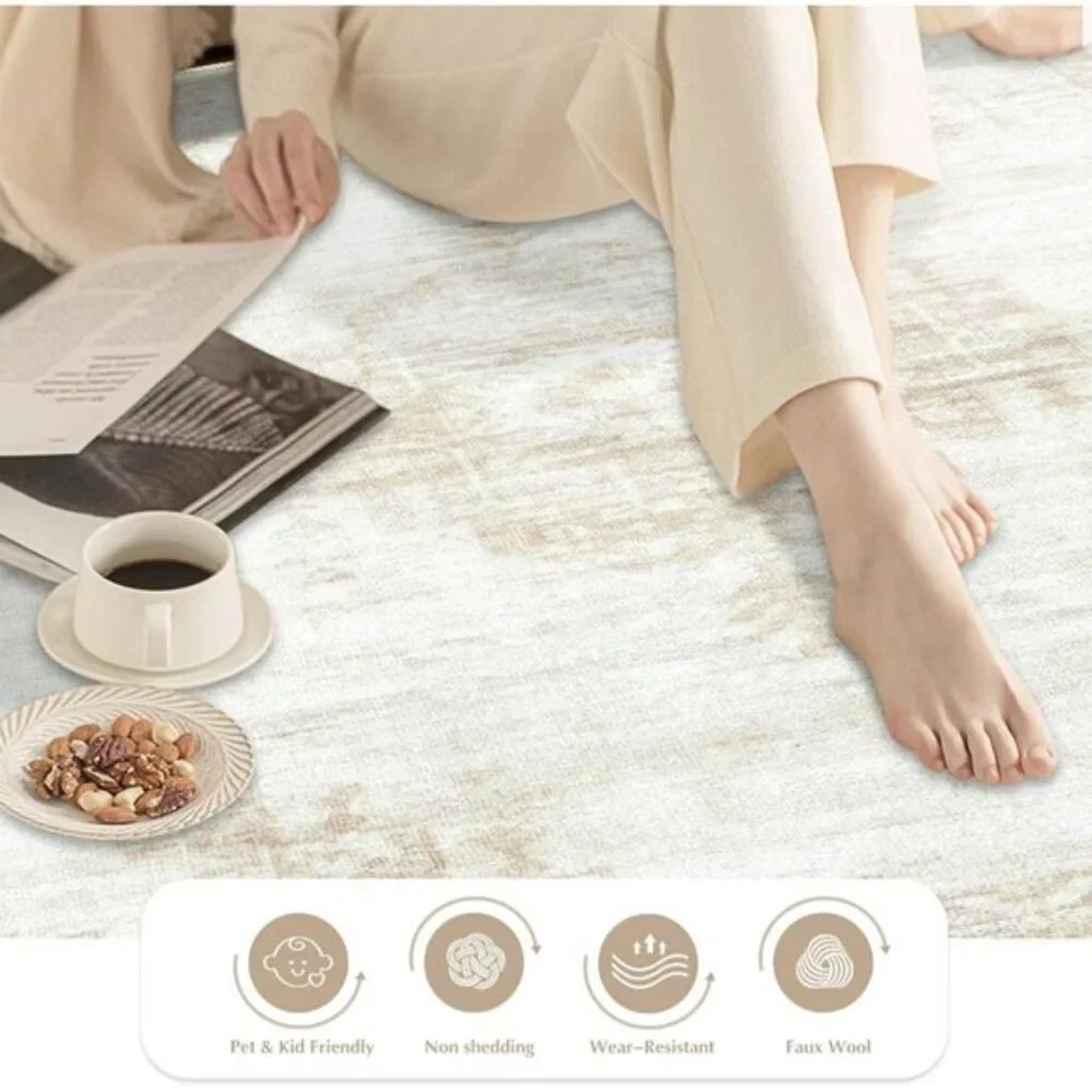 New 5x7 Beige Vintage Area Rug, Washable Boho Non-Slip Carpet for Living Room